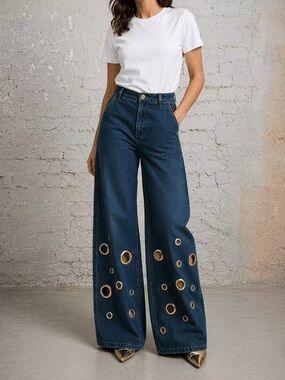 Wide Leg Jeans with Eyelet Details